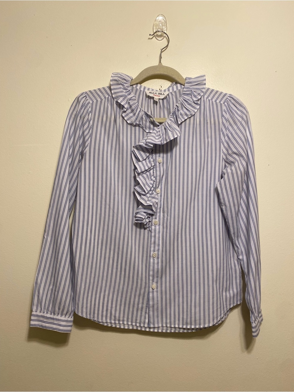 Alex Mill White and Blue Striped Ruffle Front Shirt. Size XS